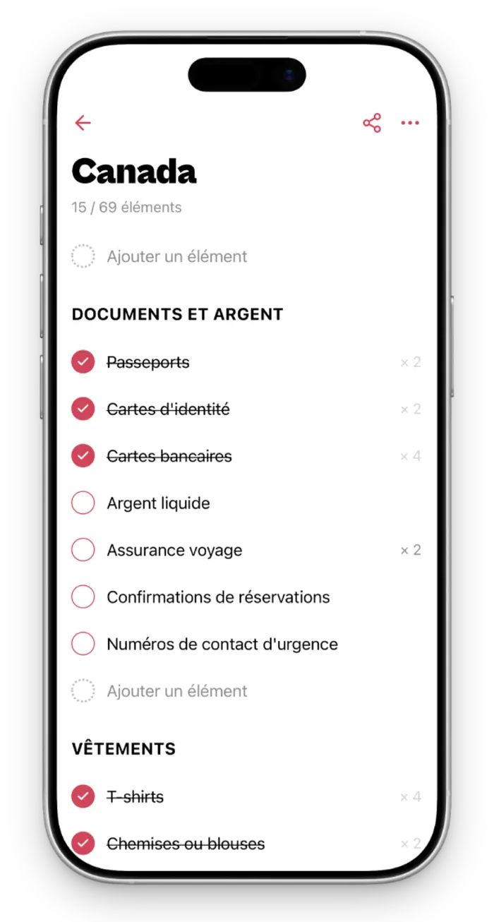 Liste Canada dans CheckPack avec éléments cochés